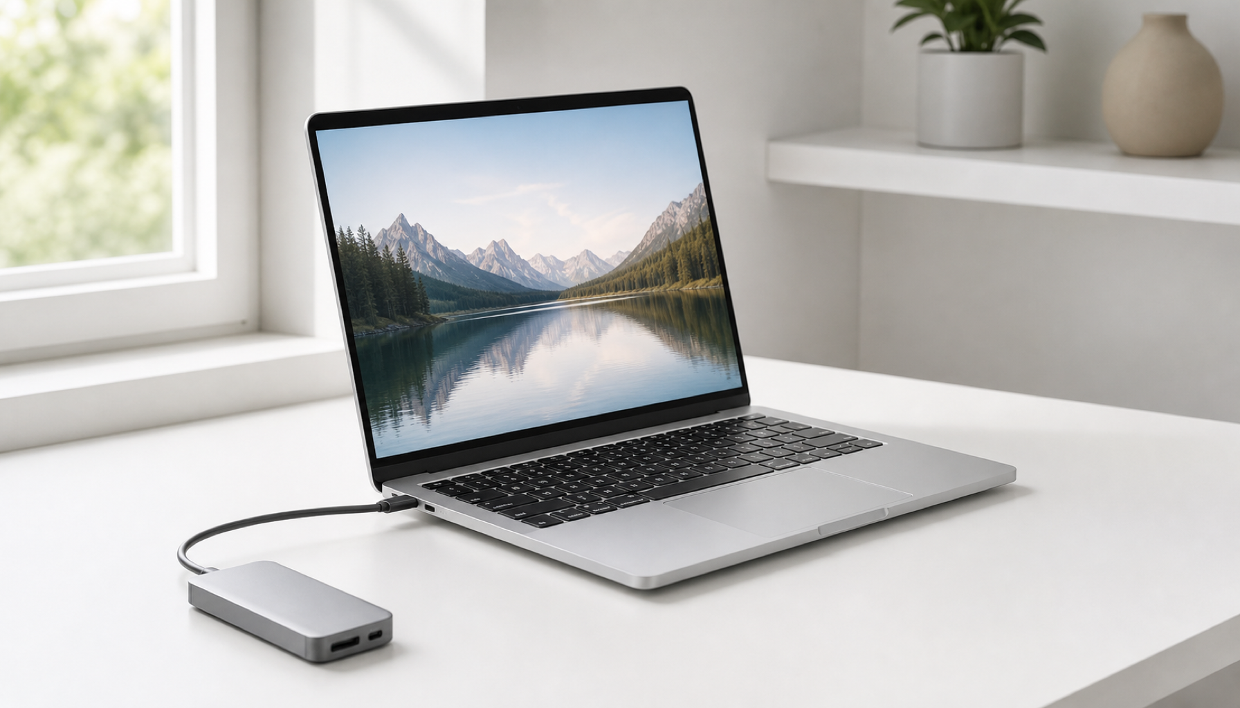 MacBook AirにUSB-Cドッキングステーションを接続したデスク