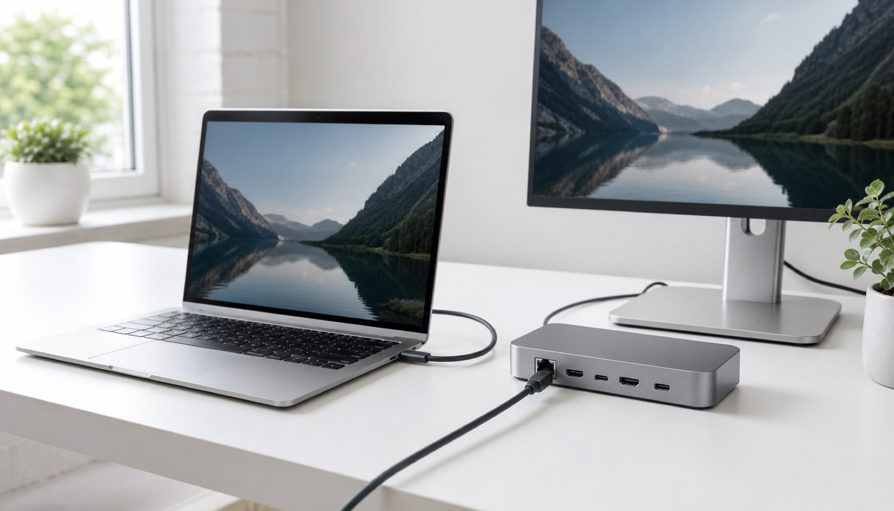 MacBookにドッキングステーションを接続したデスク