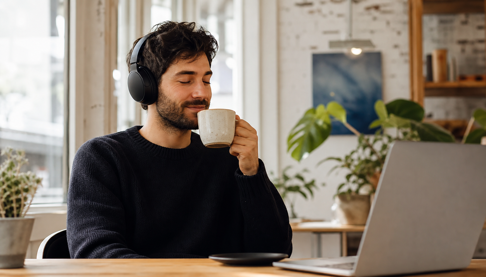 ヘッドフォンで音楽を楽しんでいる様子